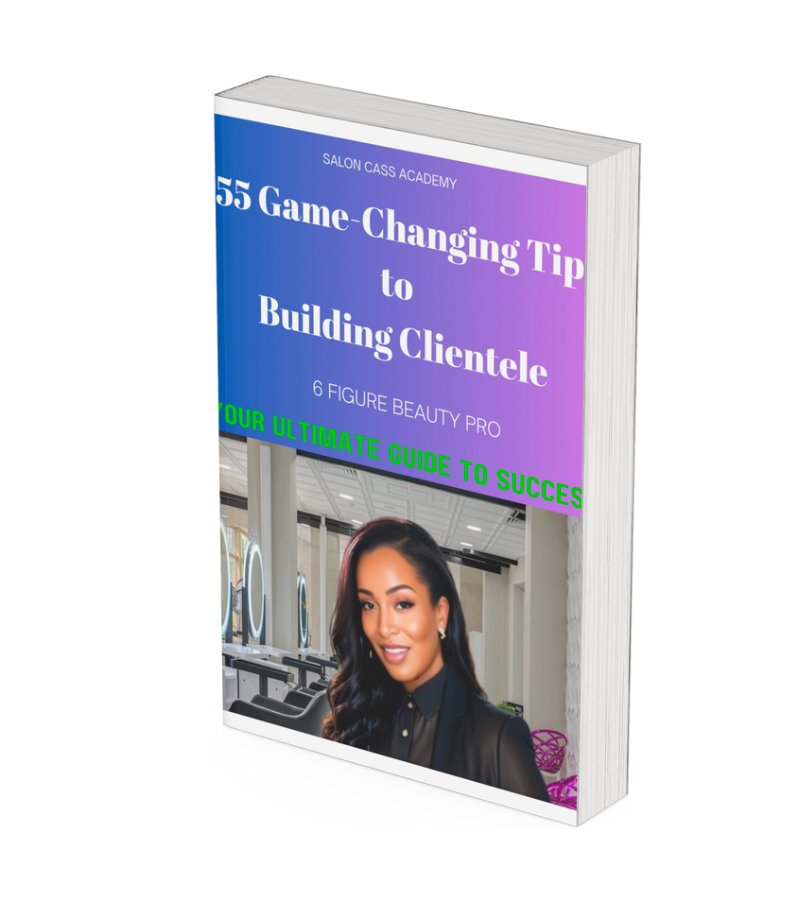 Cover of the book '55 Game Changing Tips to Building Clientele' by Shaunda Cass, featuring a photo of a smiling woman with text and branding details.