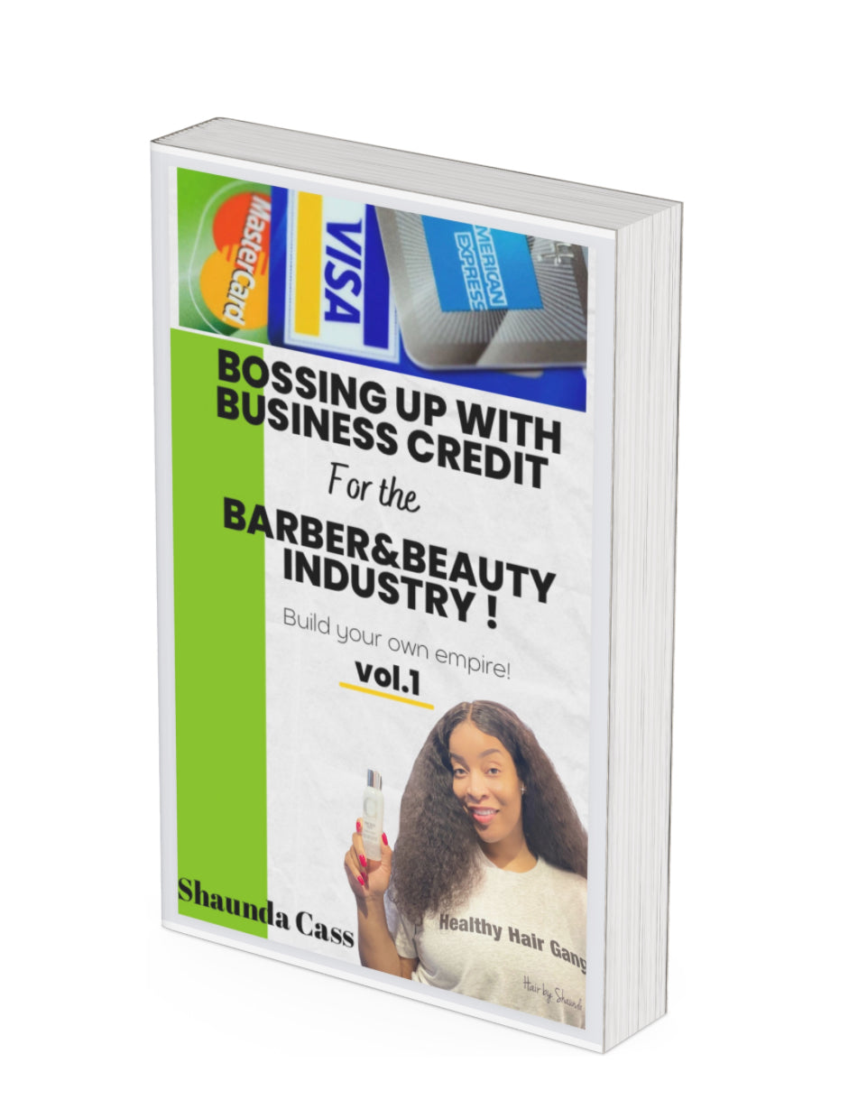 E-book cover for 'Bossing Up With Business Credit, For The Barber & Beauty Industry Vol 1' by Shaunda Cass, featuring the author's photo and graphics related to the barber and beauty industry.