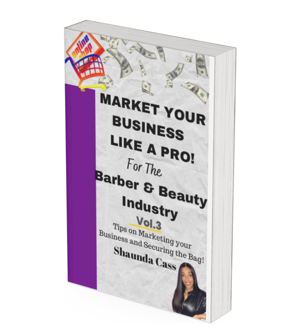 Cover of the e-book 'MARKET YOUR BUSINESS LIKE A PRO! For the Barber & Beauty Industry Vol 3' by Shaunda Cass, featuring the author's photo and text on a white and purple background.