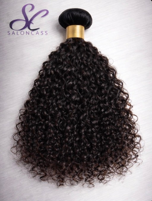 Curly hair bundle with SalonCass logo on a white background